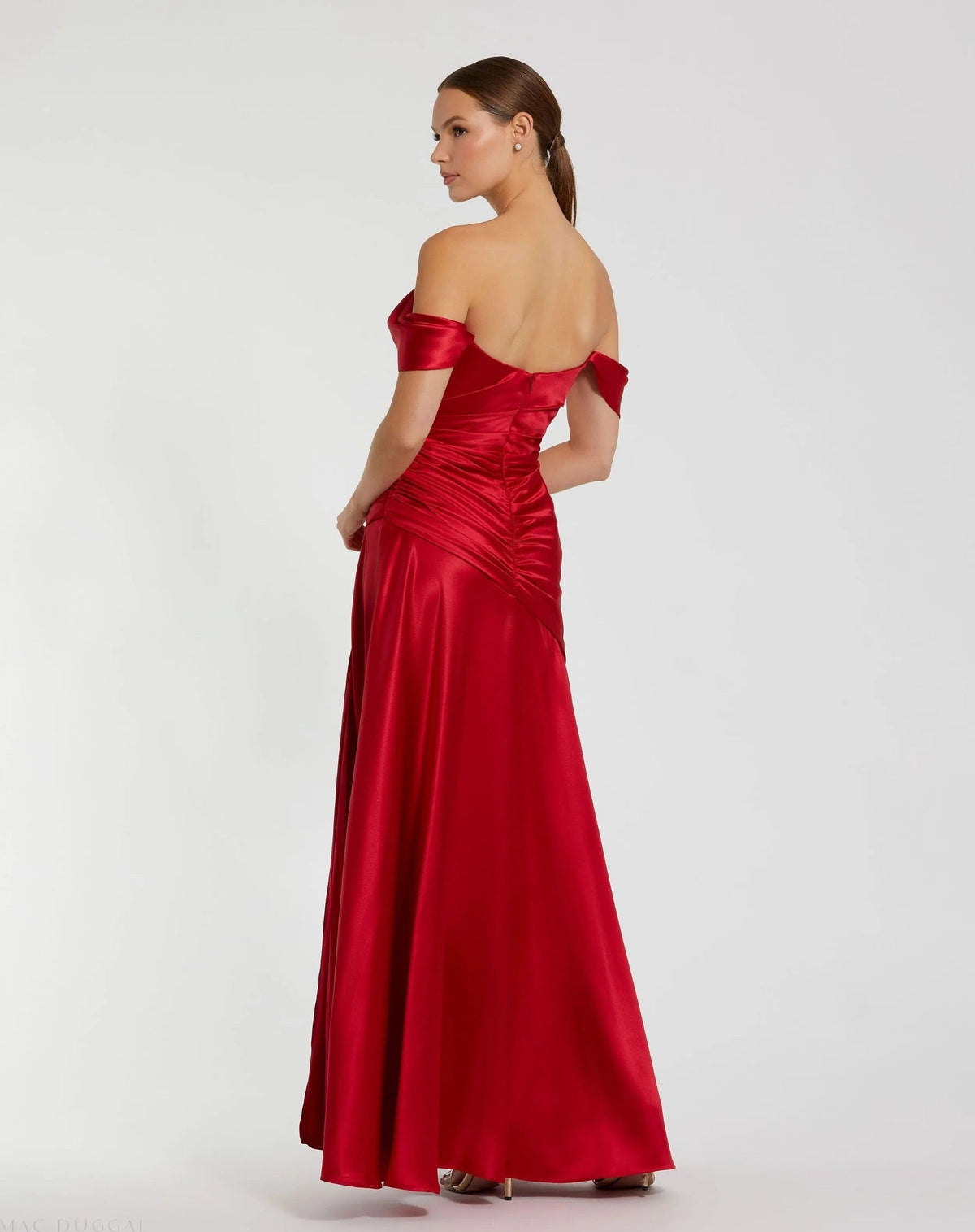 Red Satin Off The Shoulder Crossover Gown