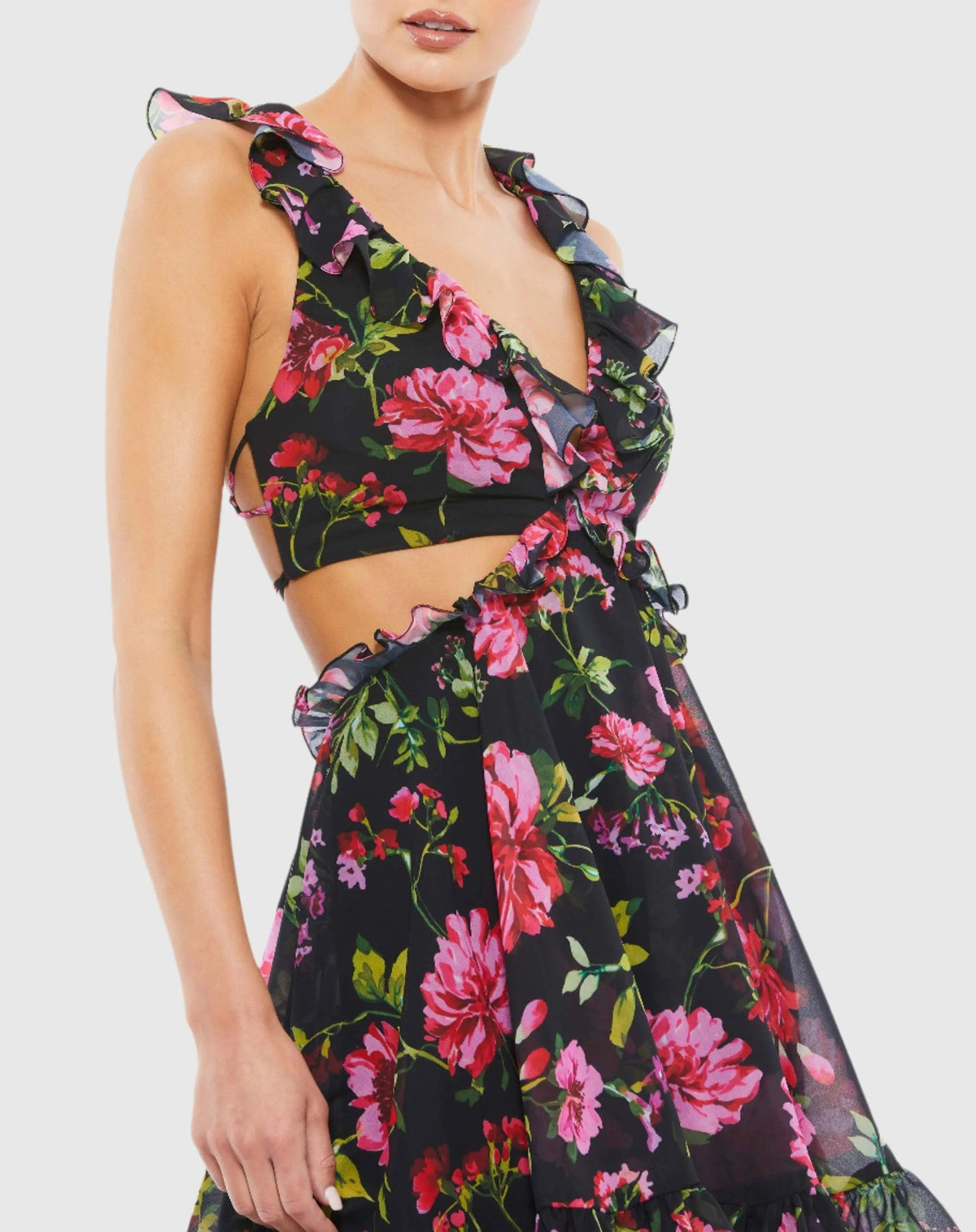 Black Ruffle Cut Out Lace Up Flowy Mini Dress