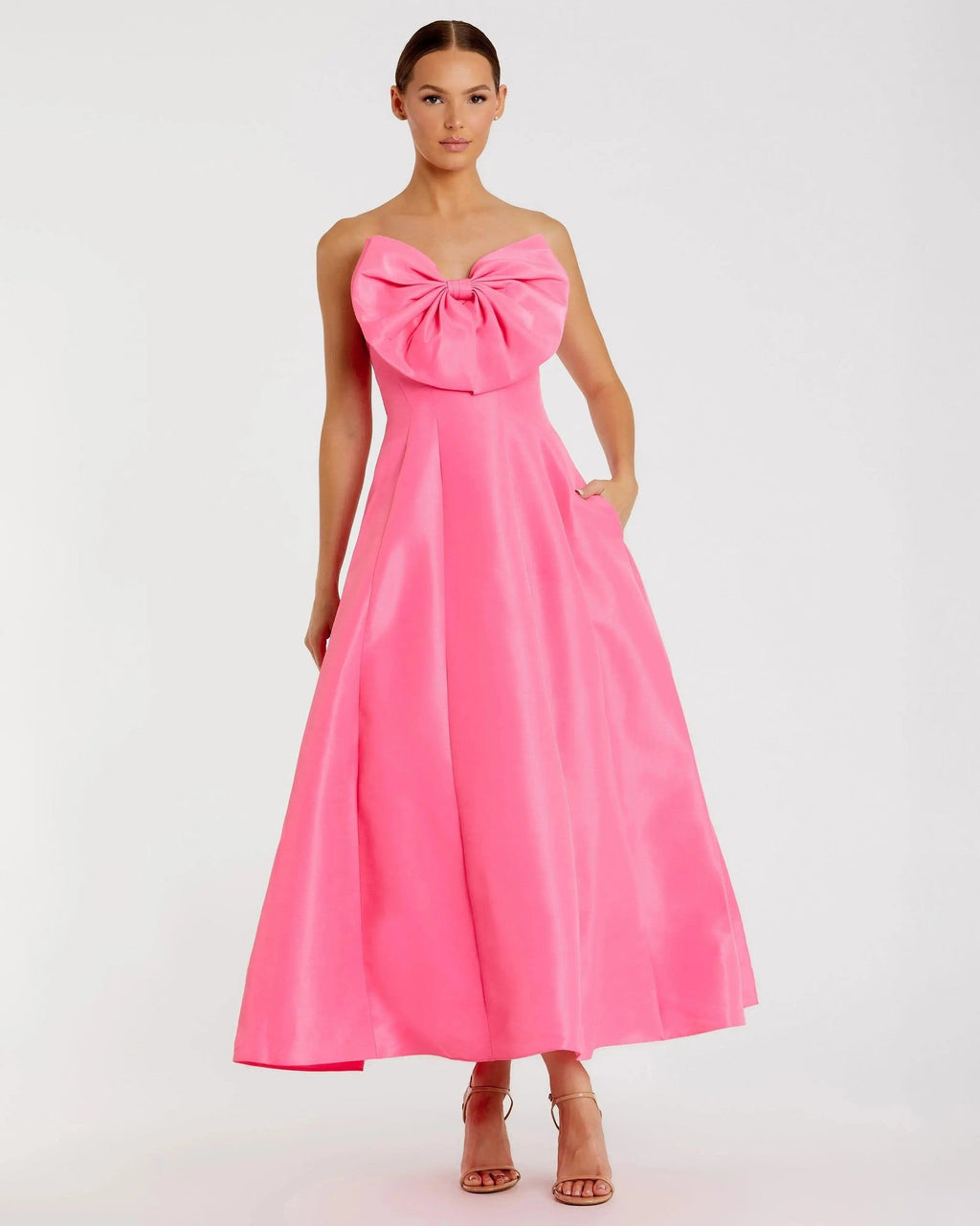 Strapless A-Line Tea Length Statement Bow Dress