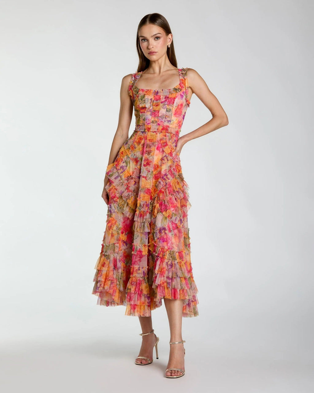 Multi Floral Scoop Neck A-Line Ruffle Midi Dress