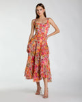 Multi Floral Scoop Neck A-Line Ruffle Midi Dress
