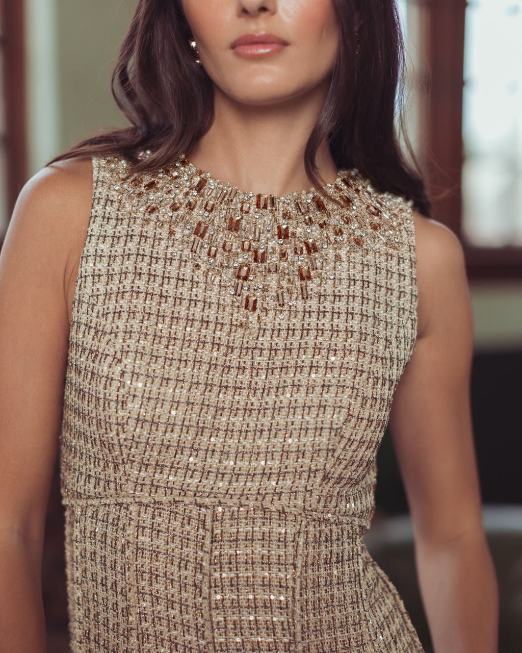Nude Gold Embellished Boucle Sleeveless A-Line Dress