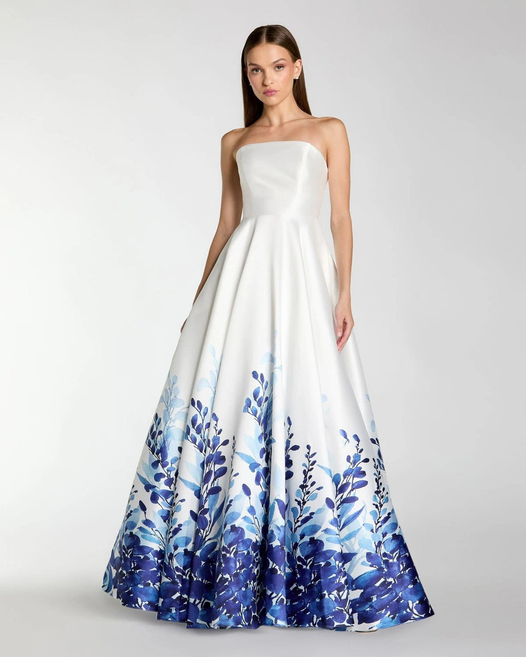 White Strapless Floral Printed Mikado Ball Gown