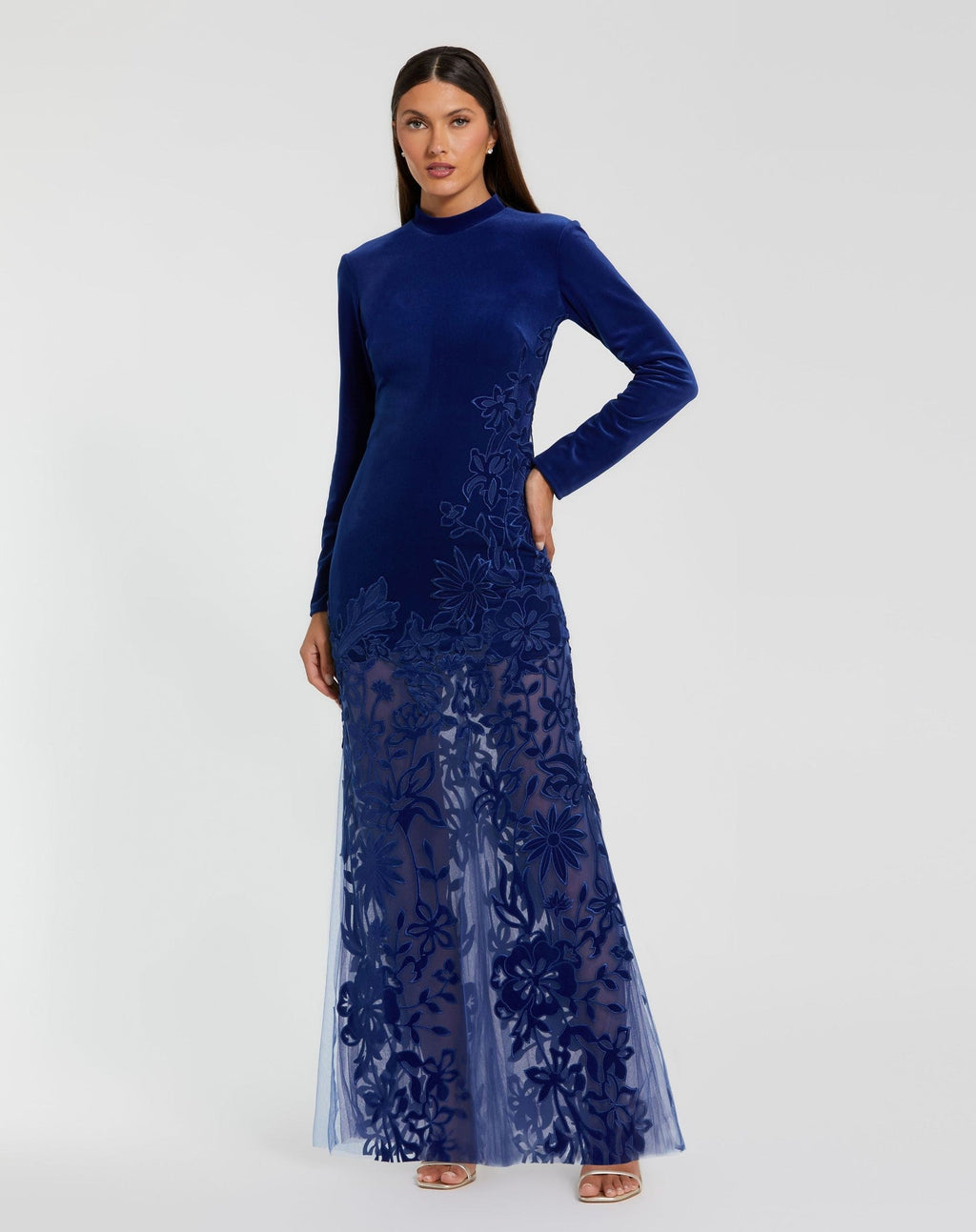 Cobalt Long Sleeve Sheer Floral Embroidered Velvet Dress