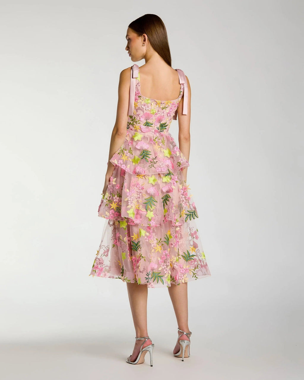 Blush Multi Floral Embroidered Tiered Midi Dress