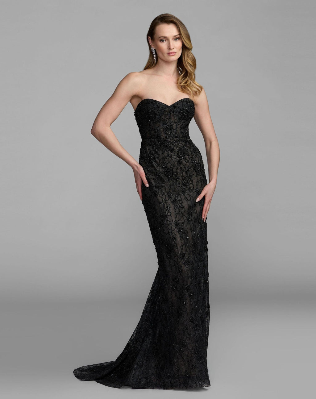 Black Embellished Strapless Bustier Gown With Sweeping Train
