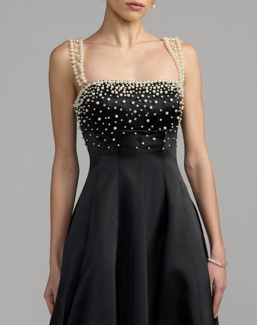 Petite Black Pearl Embellished Satin A-Line Gown