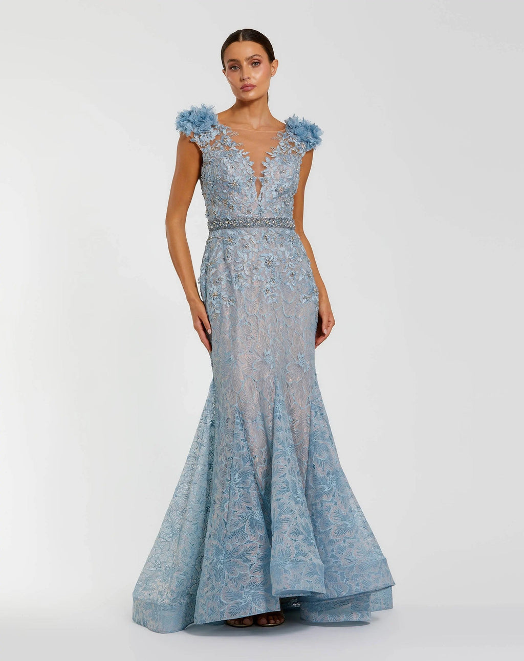 Powder Blue Embellished Lace Illusion Neck Gown With 3D Flowers