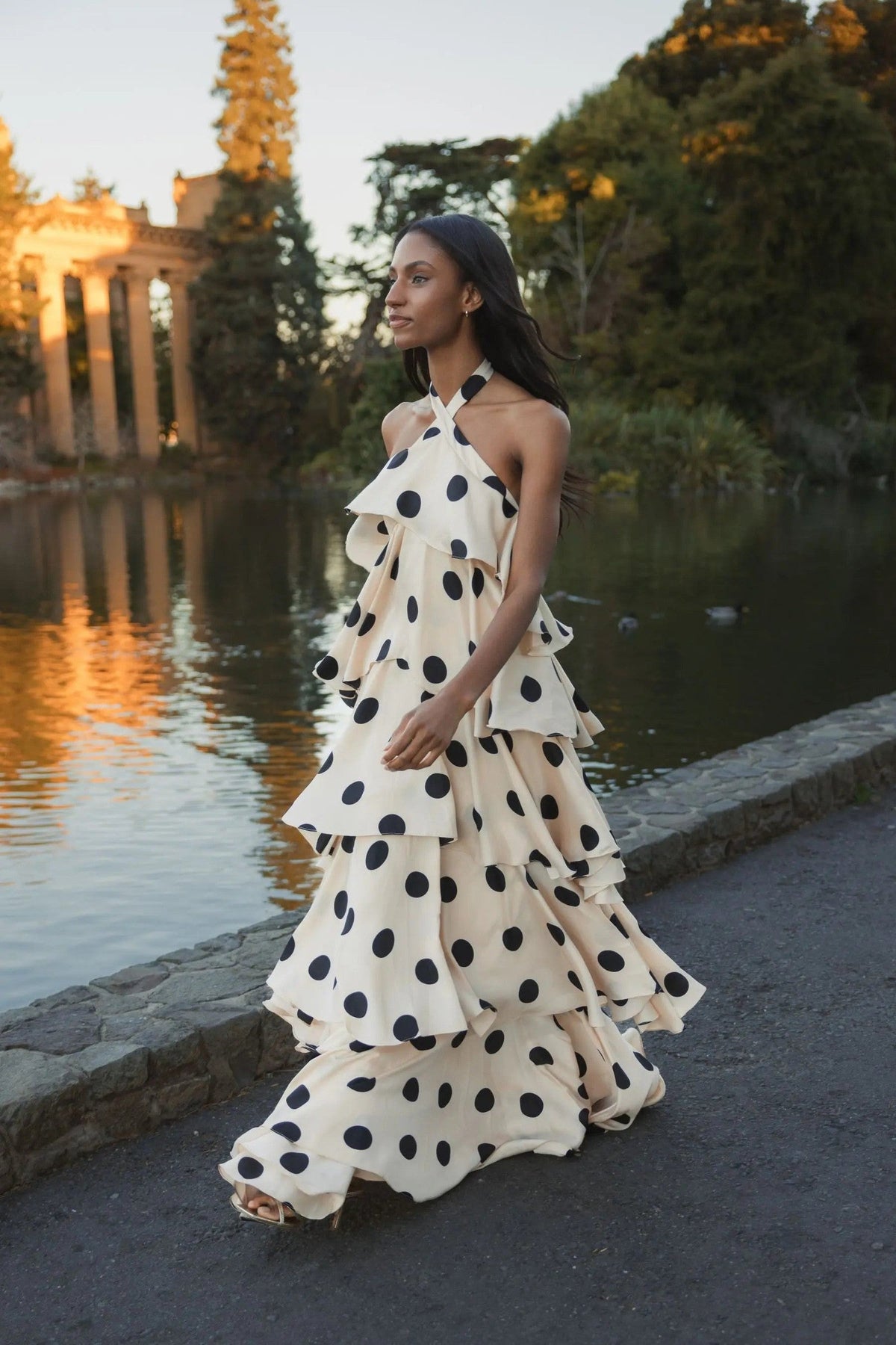 Beige Tiered Ruffle Polka Dot Charmeuse Gown