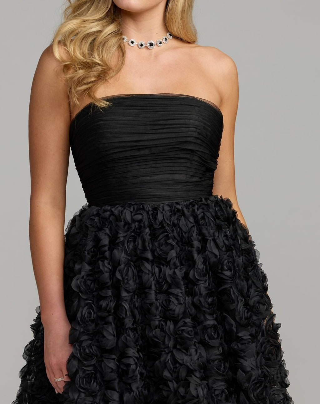 Petite Black Strapless 3D Rosette Ball Gown