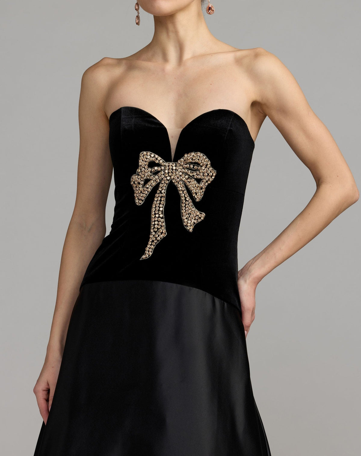 Black Gold Strapless Velvet Gown With Bow Detail