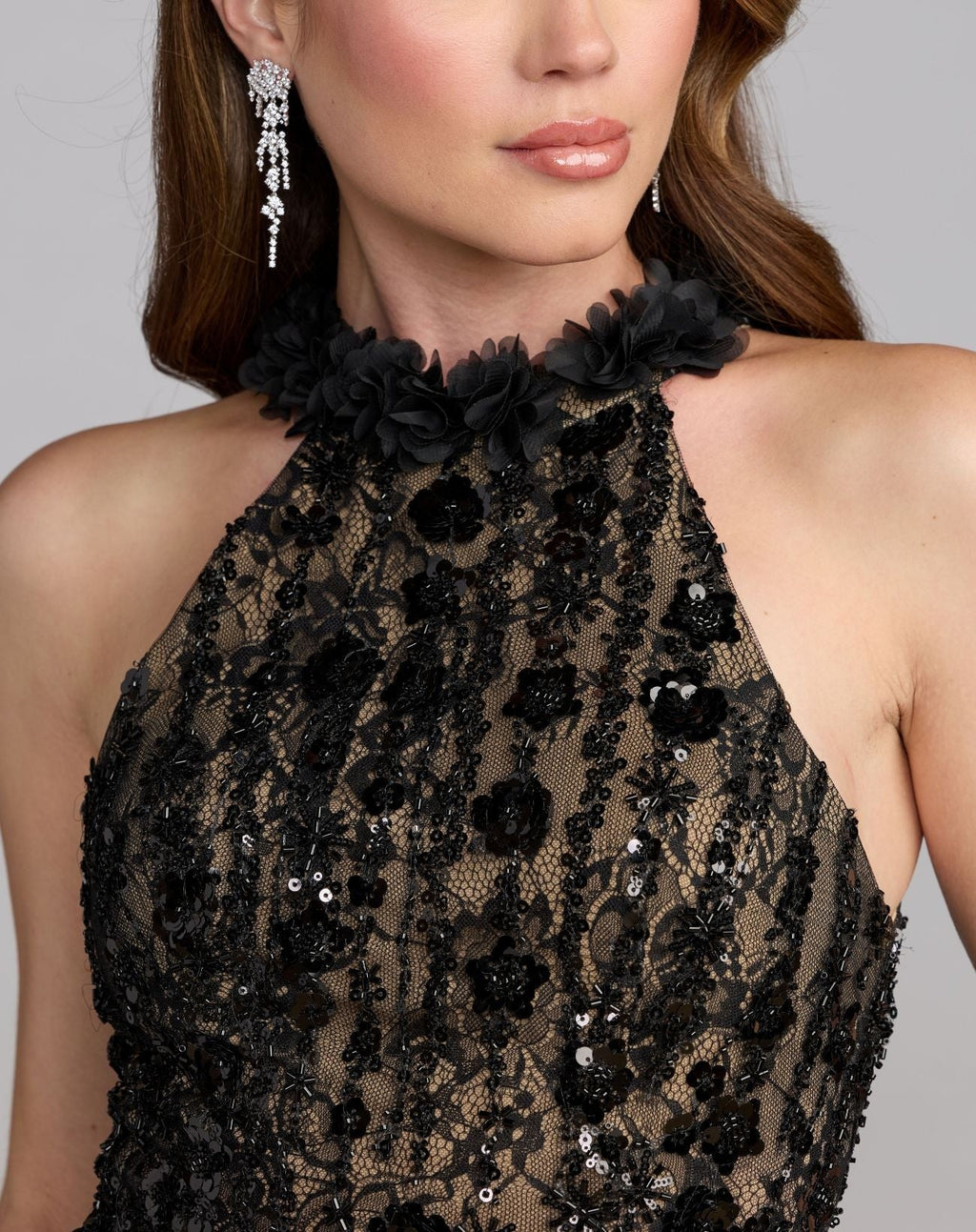 Petite Black Nude Embellished Lace Sleeveless Halter Neck Gown