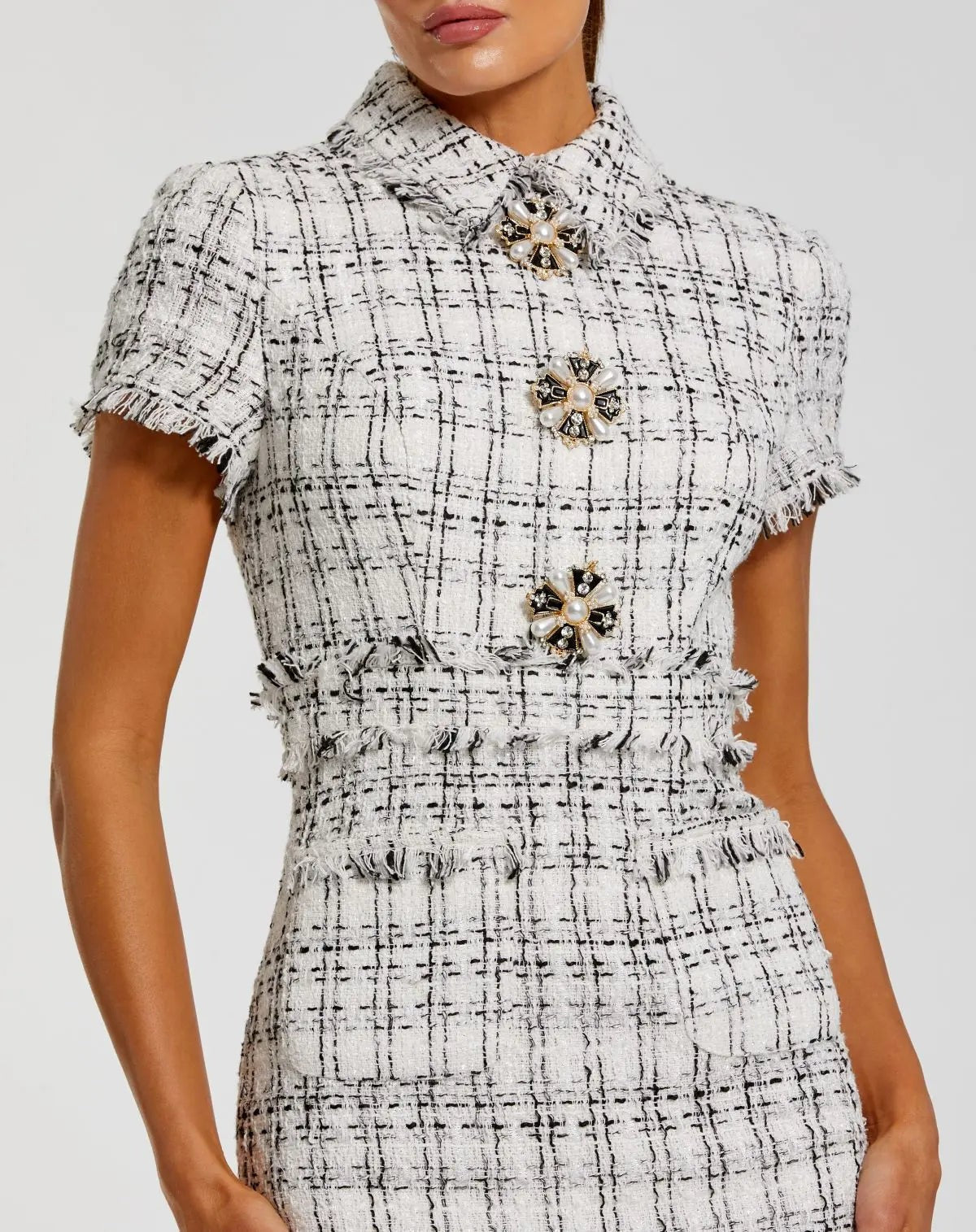 Ivory Fitted Boucle Short Sleeve Button Up Midi Dress