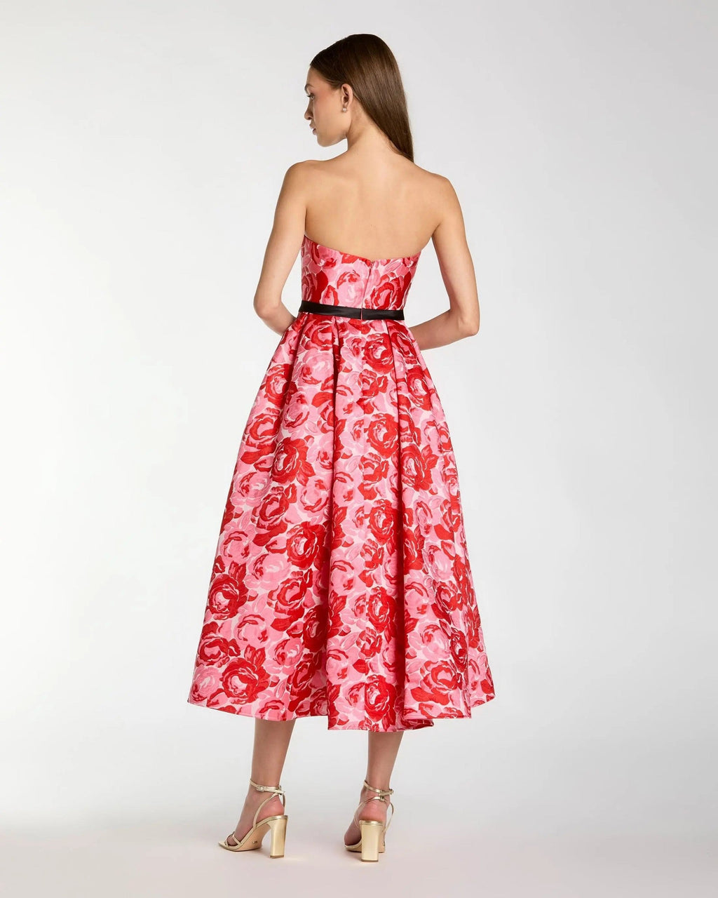 Red Floral Strapless Brocade Midi Dress With Bow