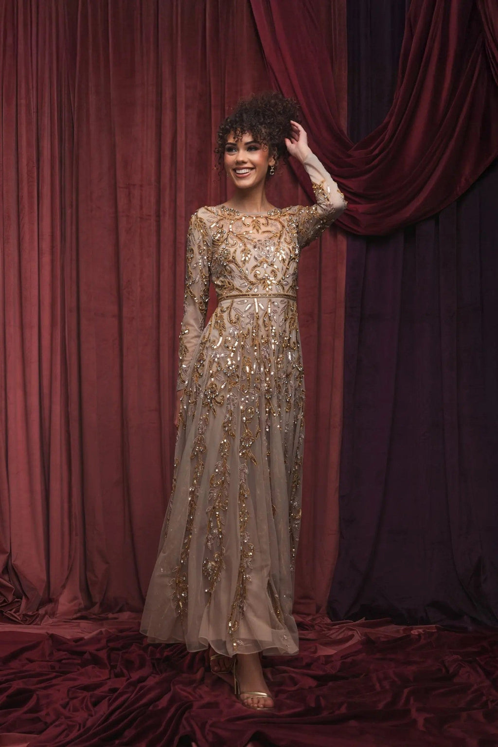Beige Long Sleeve Hand Embellished Gown