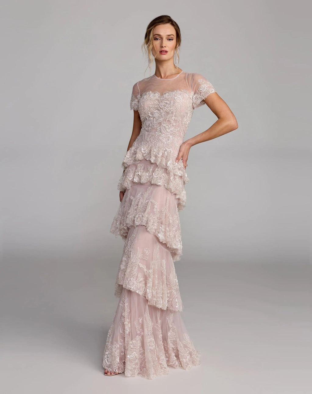 Rose Multi Embellished High Neck Gown With Tiered Ruffle Skirt