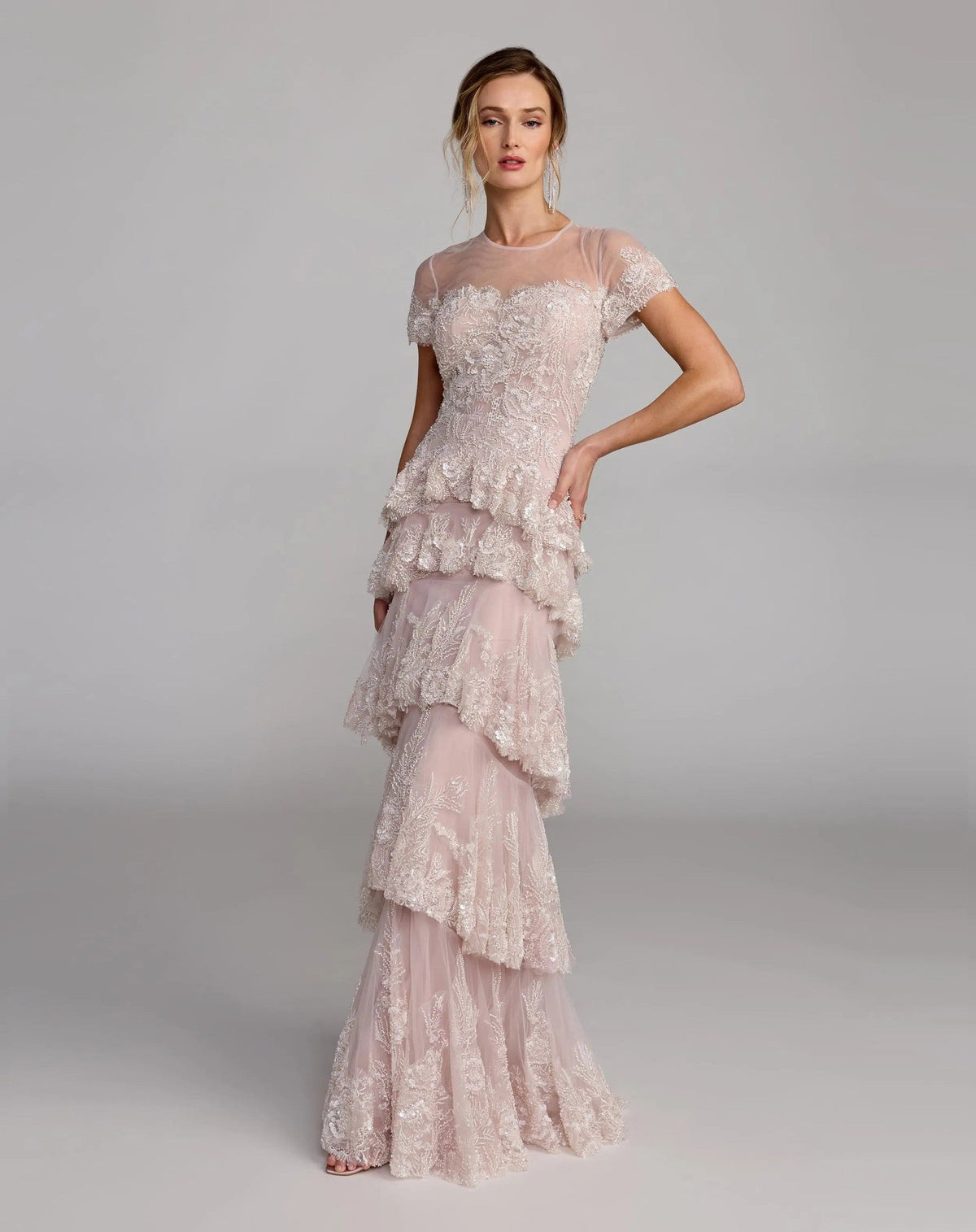 Rose Multi Embellished High Neck Gown With Tiered Ruffle Skirt