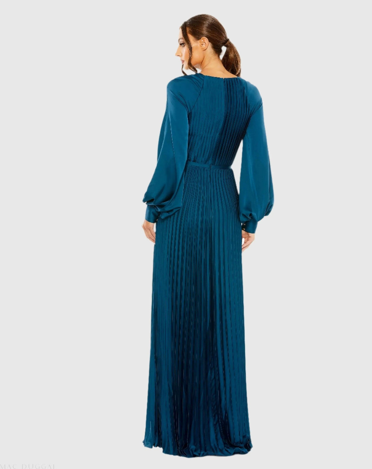 Peacock Pleated High Neck Long Sleeve Gown With Slit