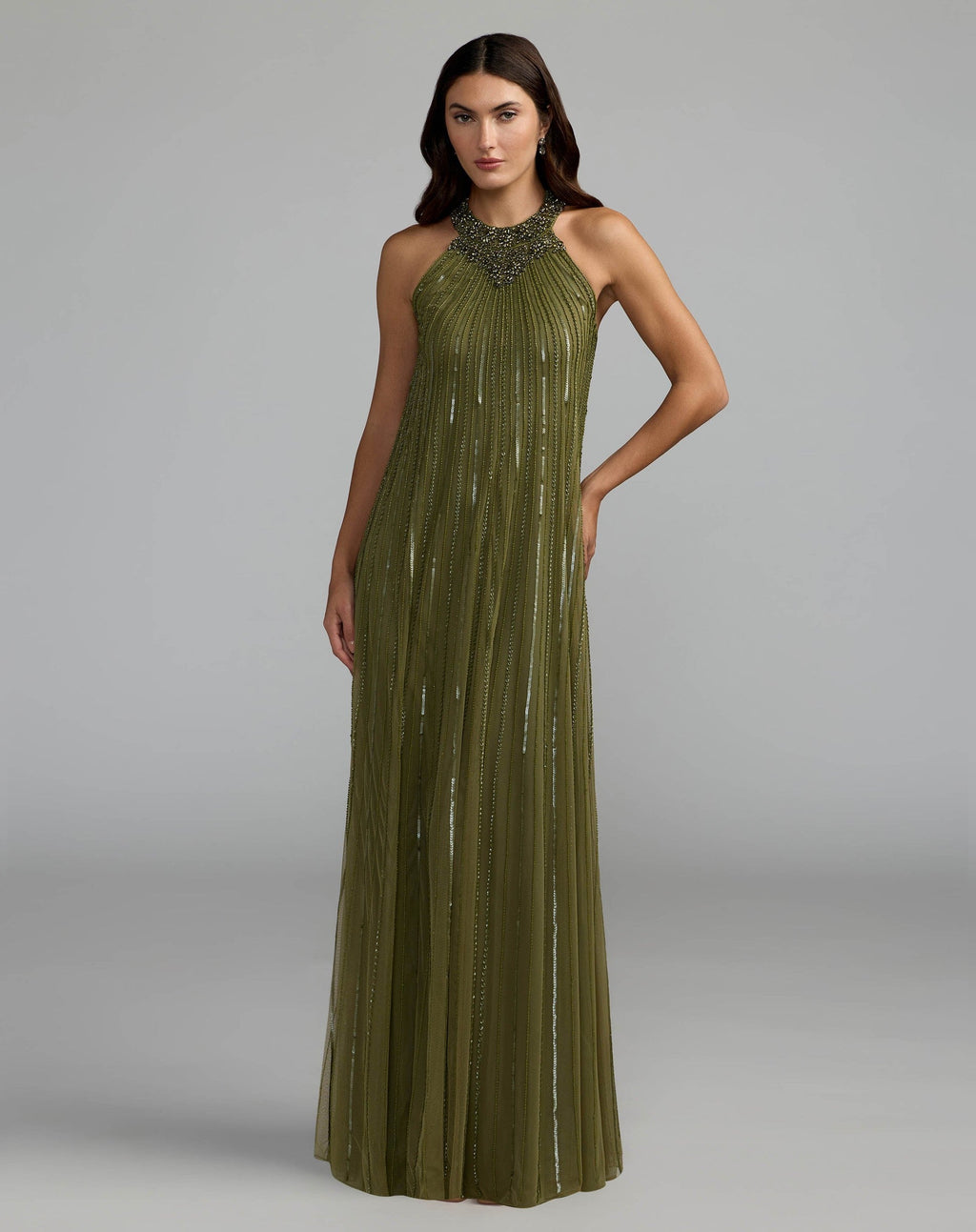 Olive Sleeveless Halter Embellished Trapeze Gown