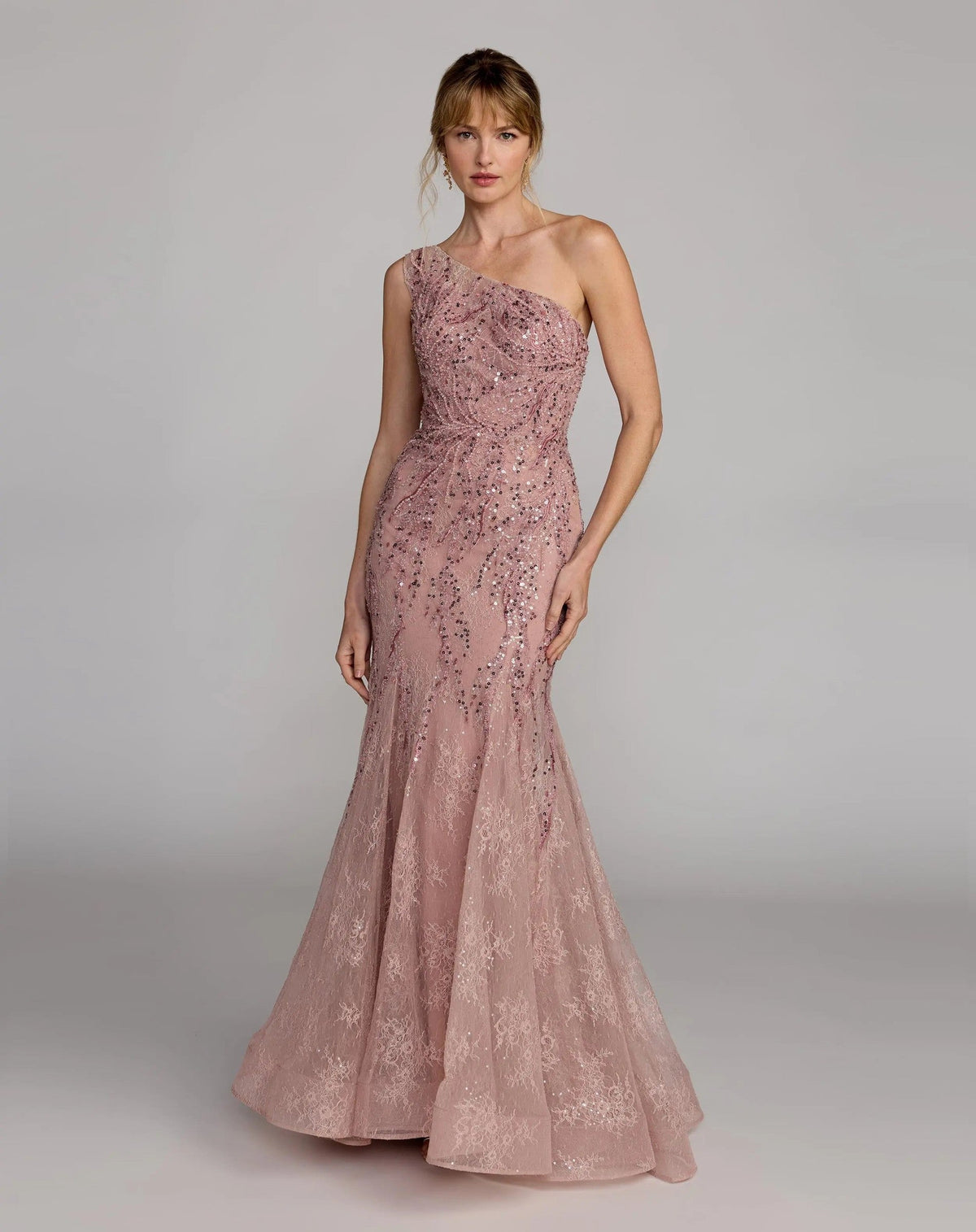 Rose Embellished Lace One Shoulder Mermaid Gown