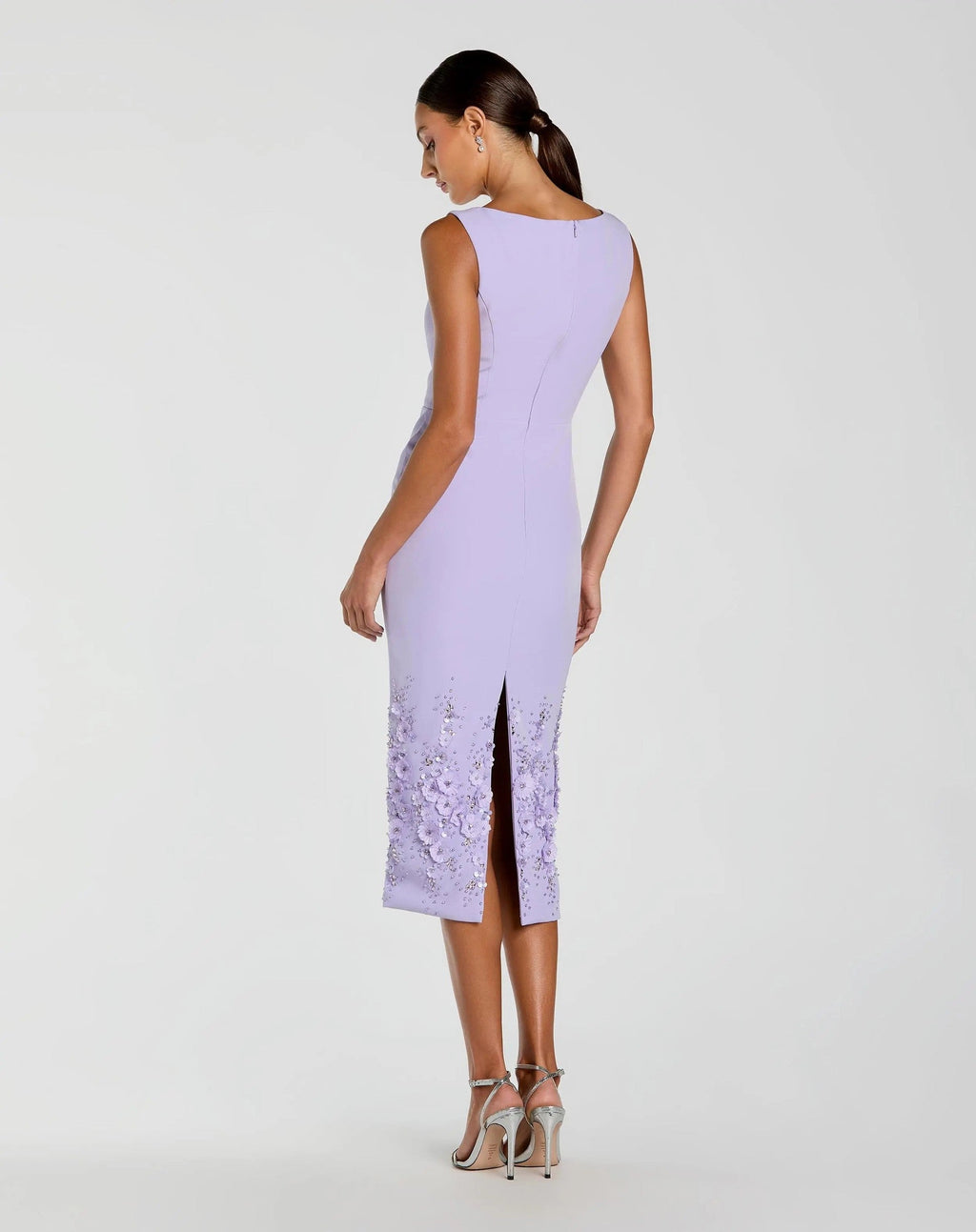 Lilac Crepe Sleeveless Midi Dress With Flower Beading