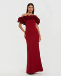 Burgundy Crepe Off The Shoulder Column Gown With 3D Roses