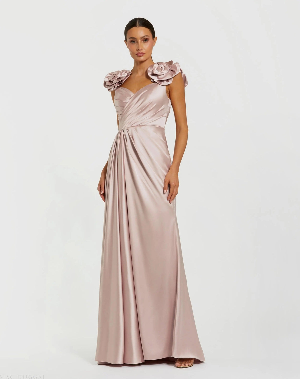 Pink Faux Wrap Satin Gown With 3D Flower Straps
