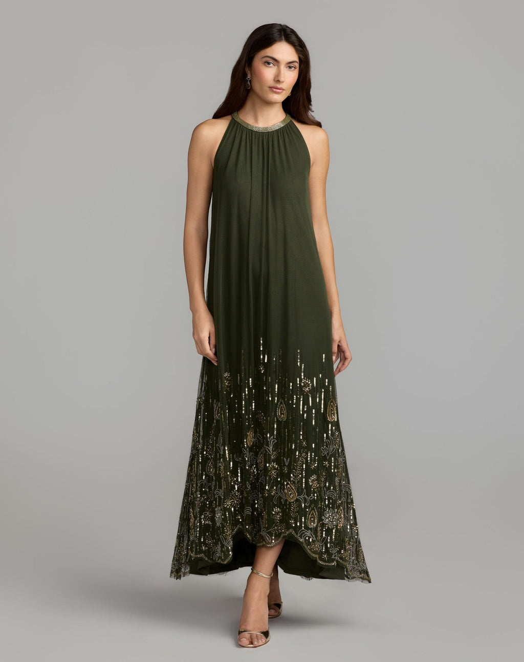 Antique Green Sleeveless Embellished Scallop Hem Trapeze Dress