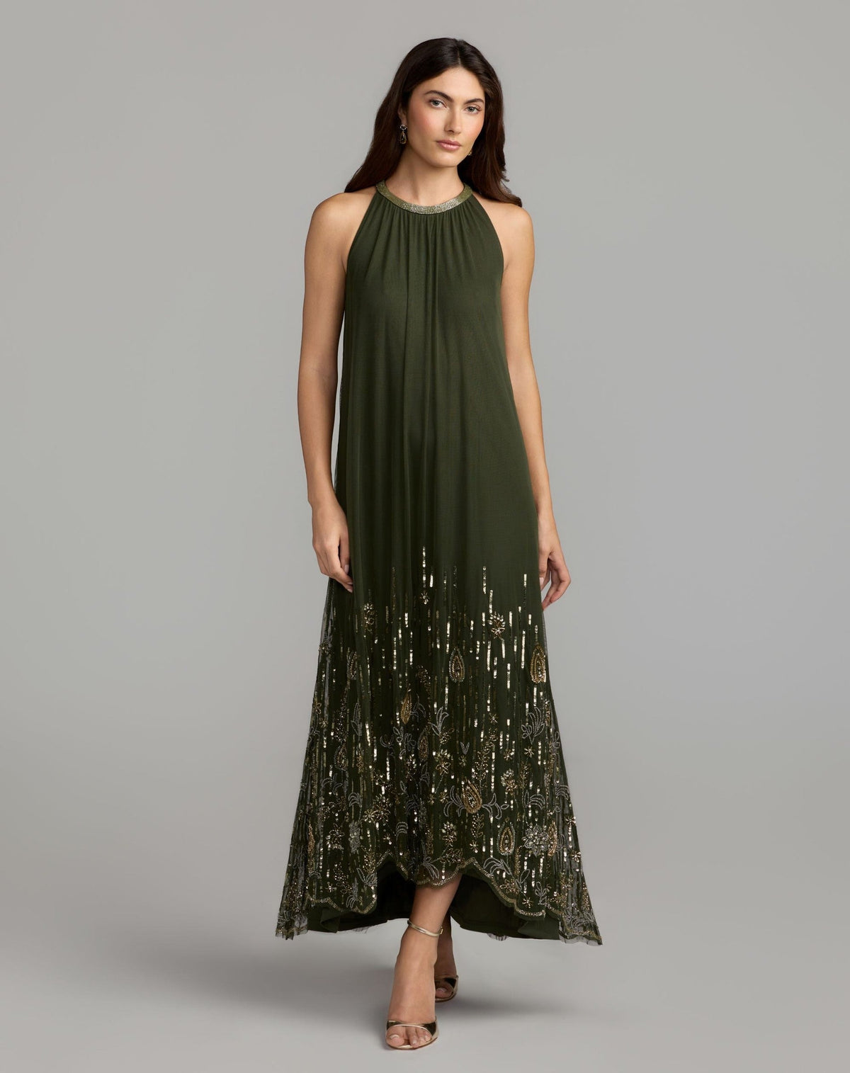 Antique Green Sleeveless Embellished Scallop Hem Trapeze Dress