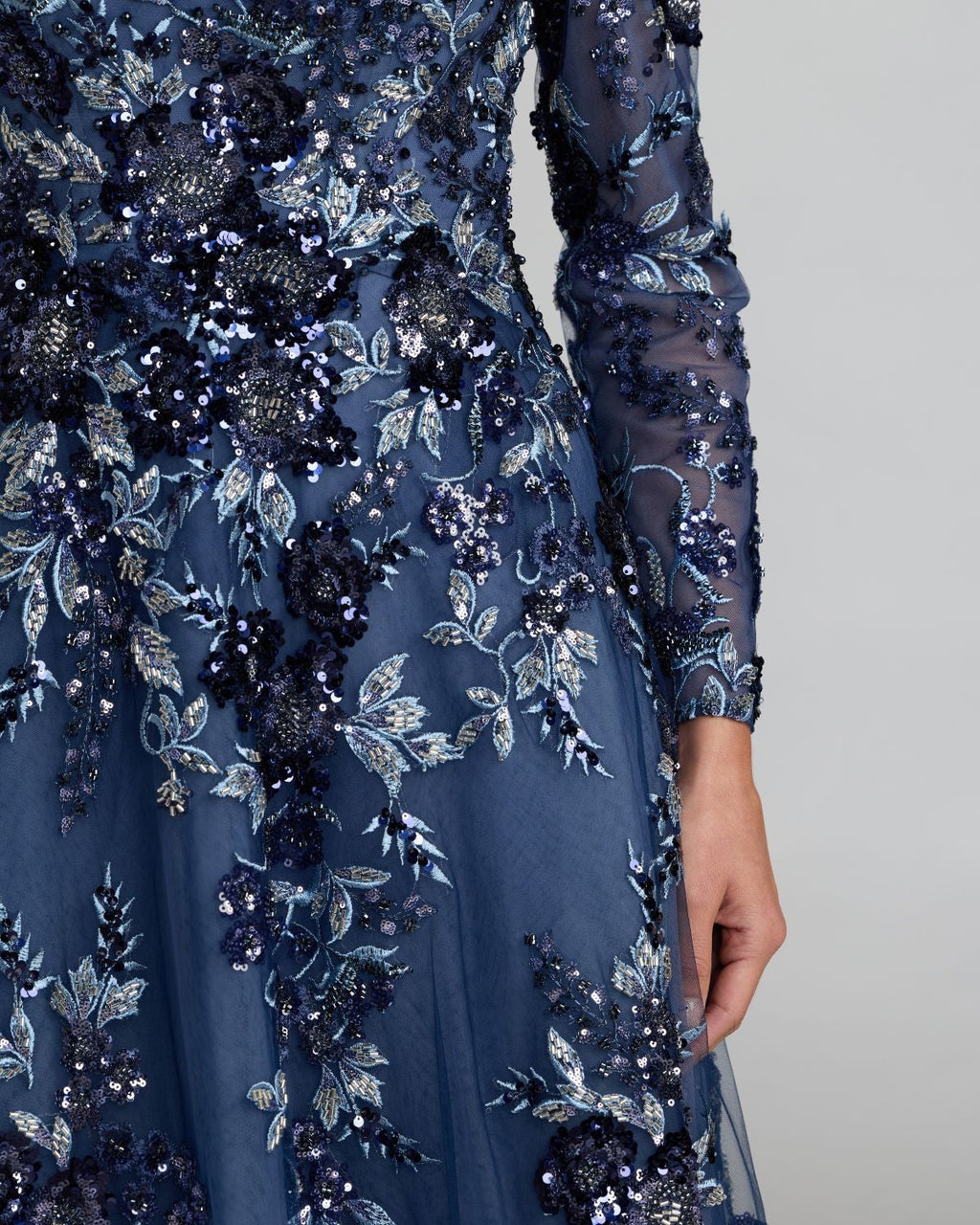 Moody Blue Embellished Floral A Line Gown