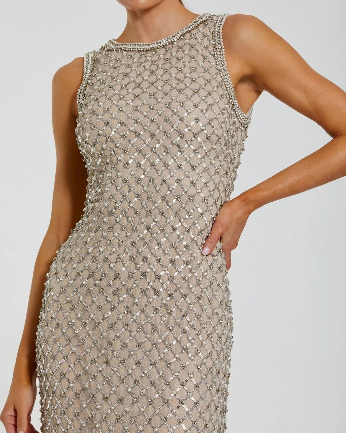 Silver Nude Embellished High Neck Column Gown