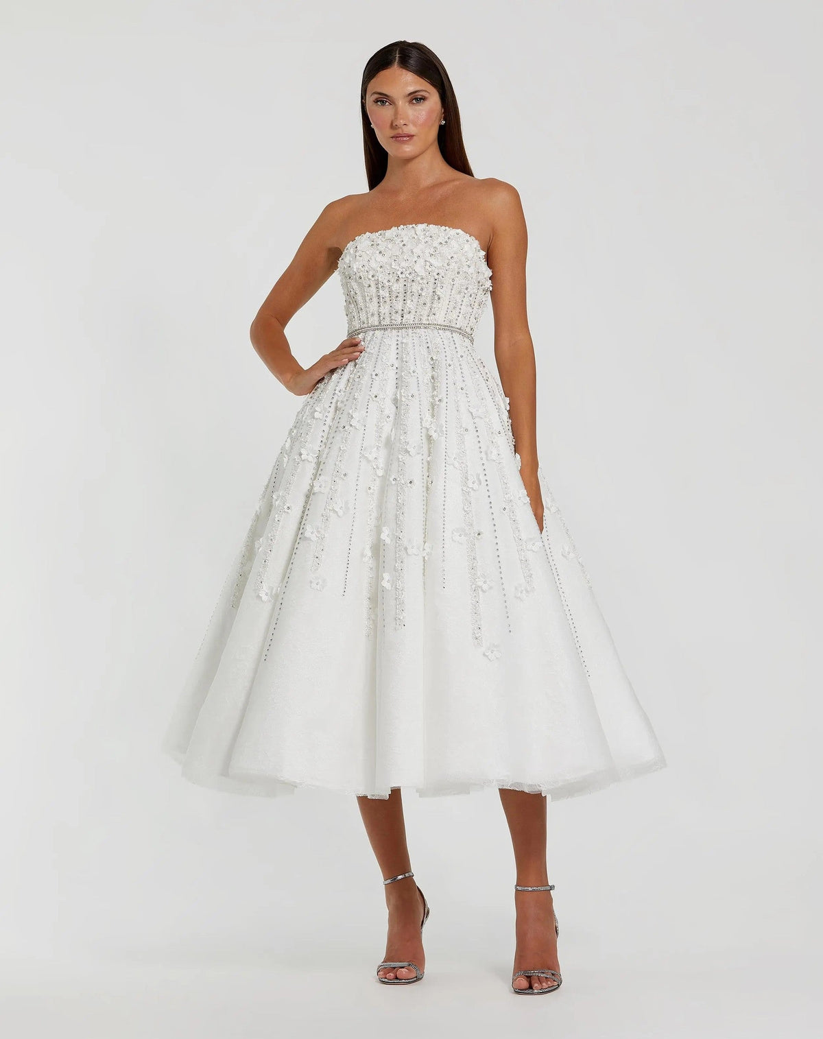 Ivory Strapless Floral Embellished Midi Dress