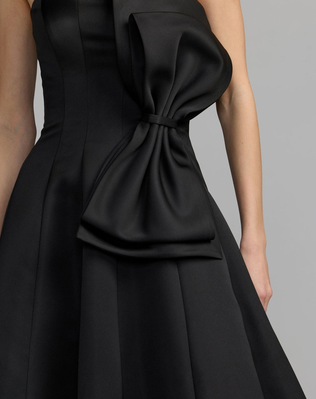 Black Strapless Satin A-Line Midi Dress With Bow