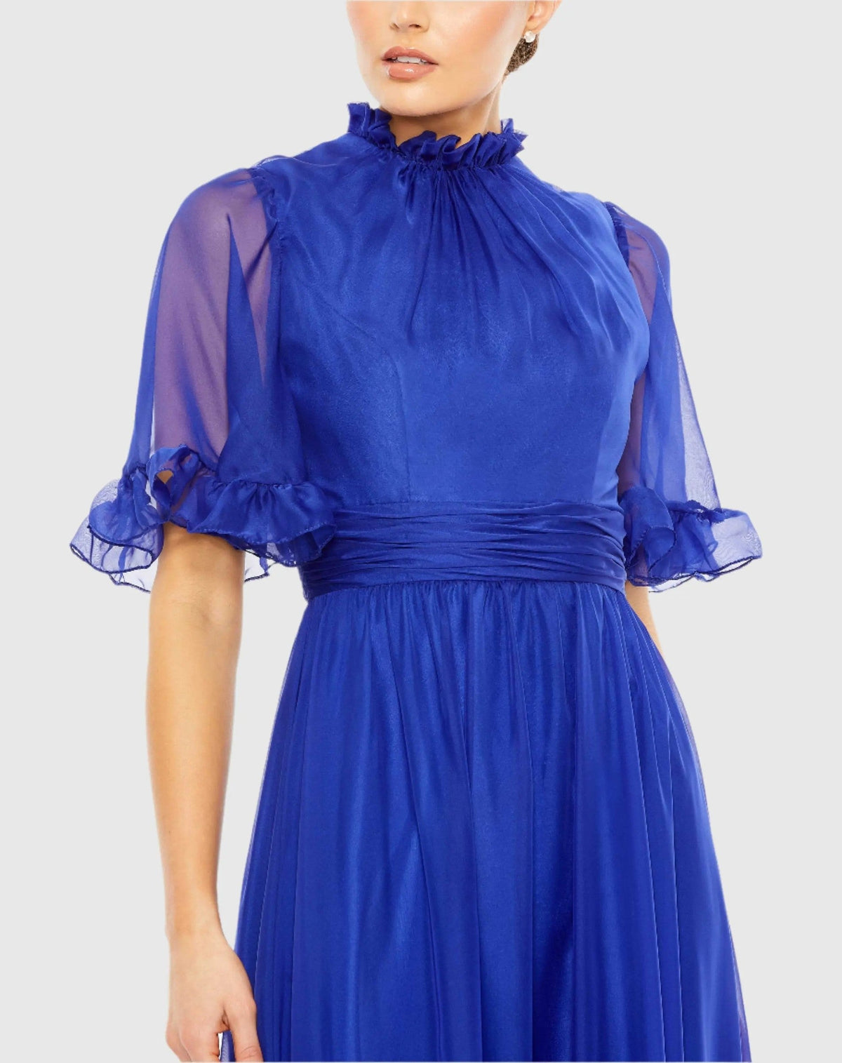 Blue Ruffled Mock Neck Flutter Sleeve High Low Hem Gown