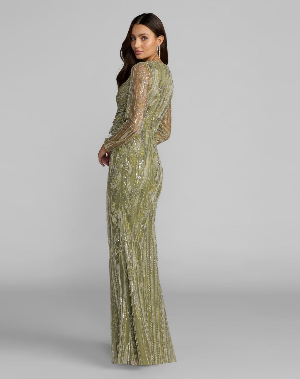Green Hand Embellished V-Neck Column Gown