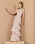 Rose Multi Embellished High Neck Gown With Tiered Ruffle Skirt