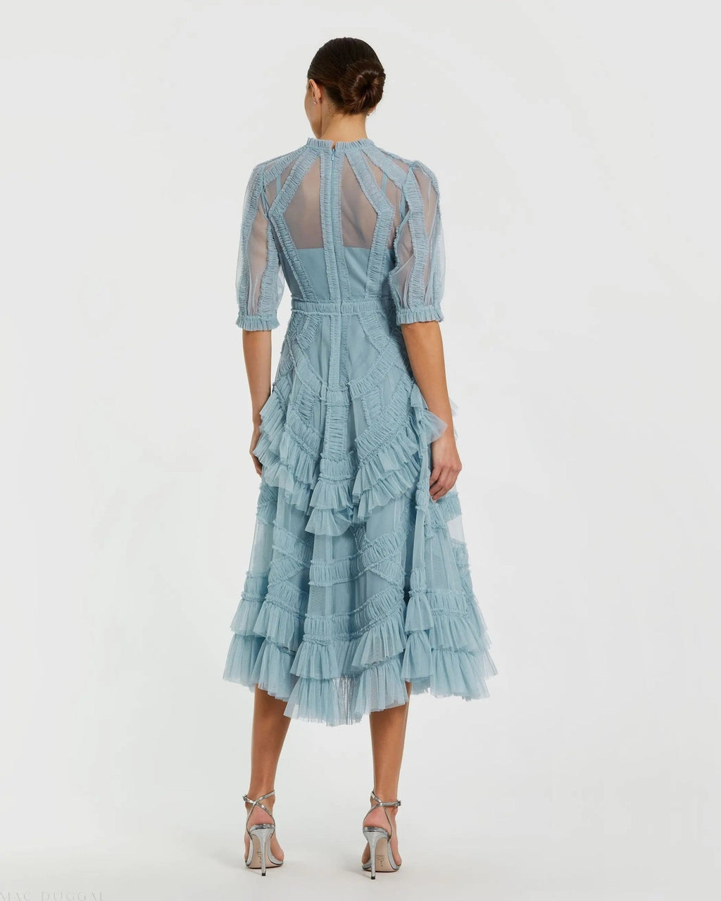 Blue High Neck Ruffle Tiered A-Line Midi Dress