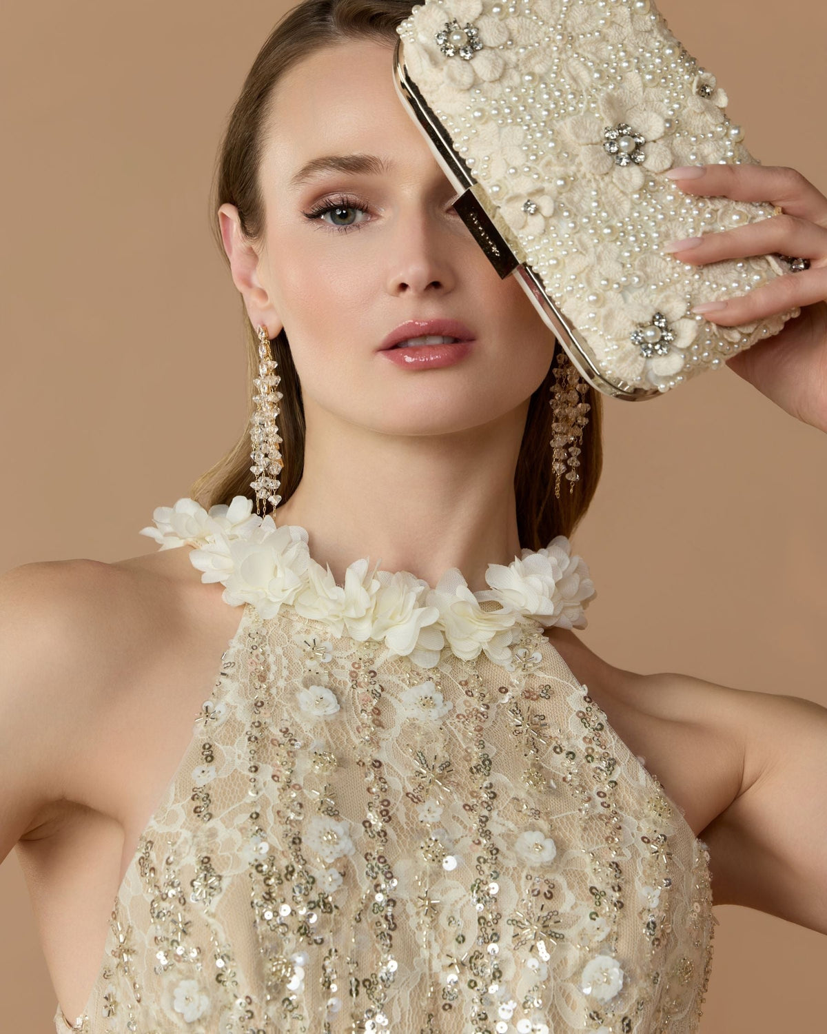 Butter Embellished Lace Halter Neck Mermaid Gown