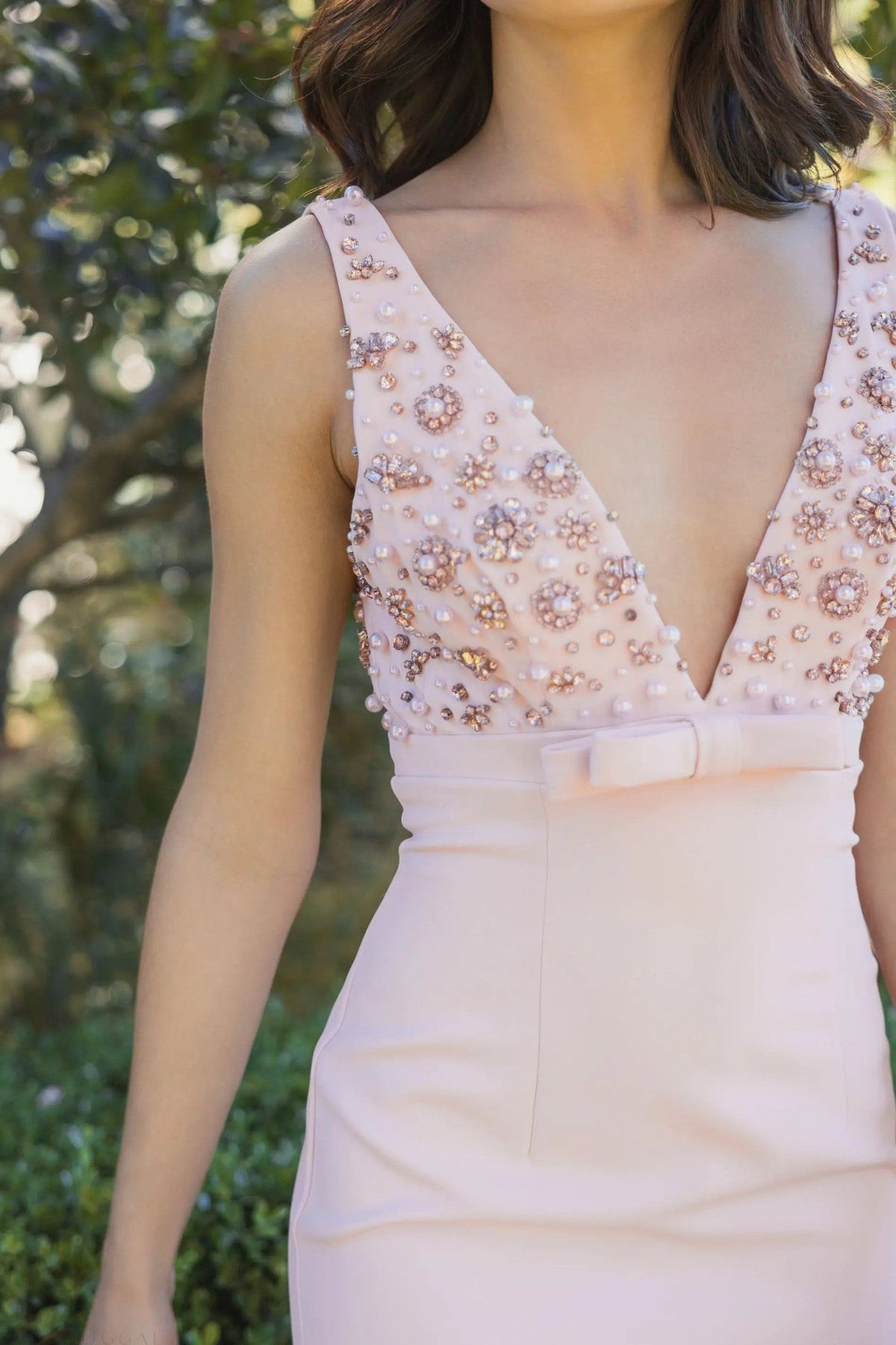 Blush Embellished Deep V-Neck Crepe Gown With Bow