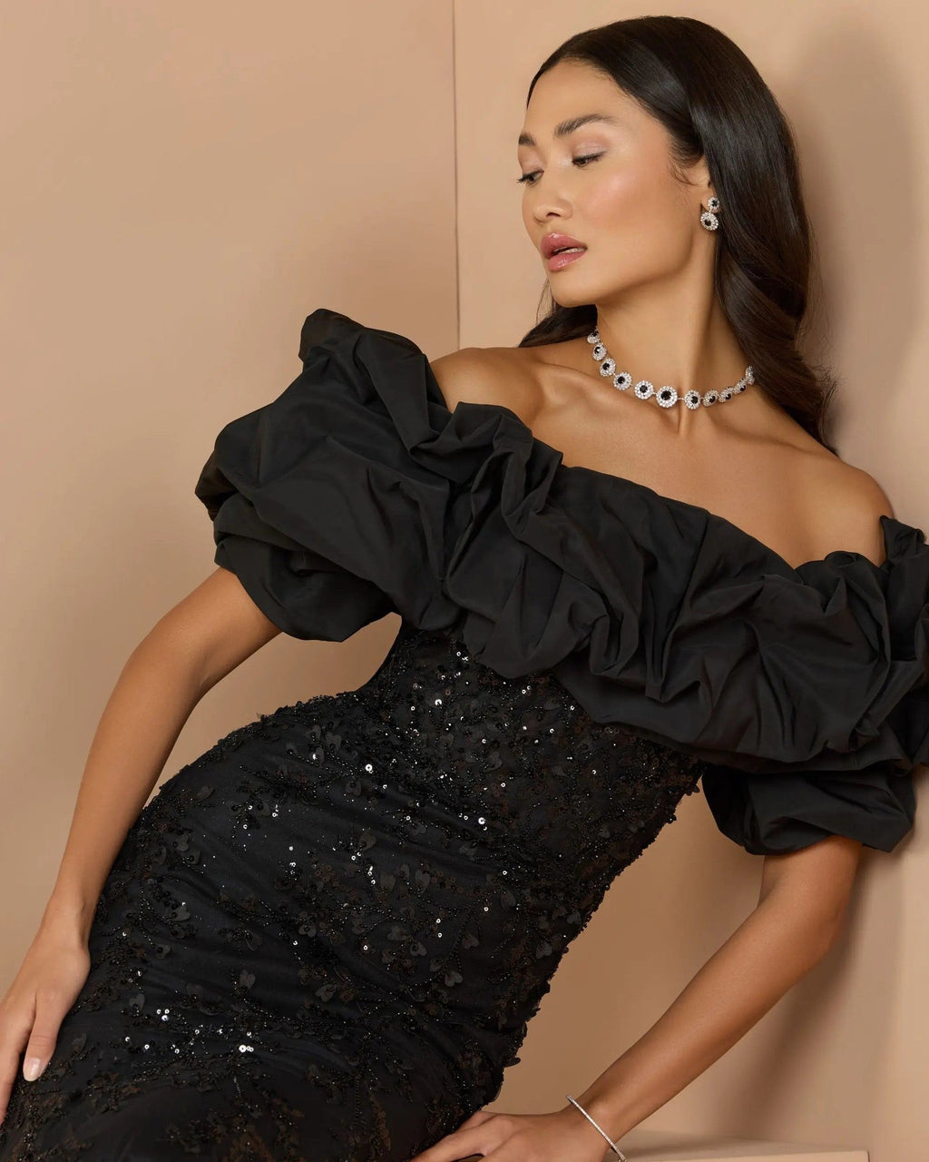 Black Embellished Mermaid Gown With Off The Shoulder Ruffle