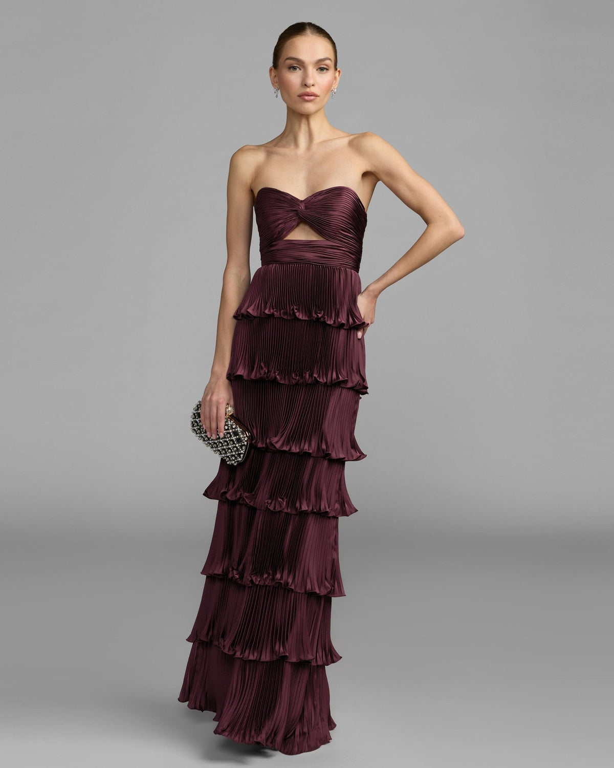 Aubergine Strapless Pleated Charmeuse Tiered Ruffle Gown