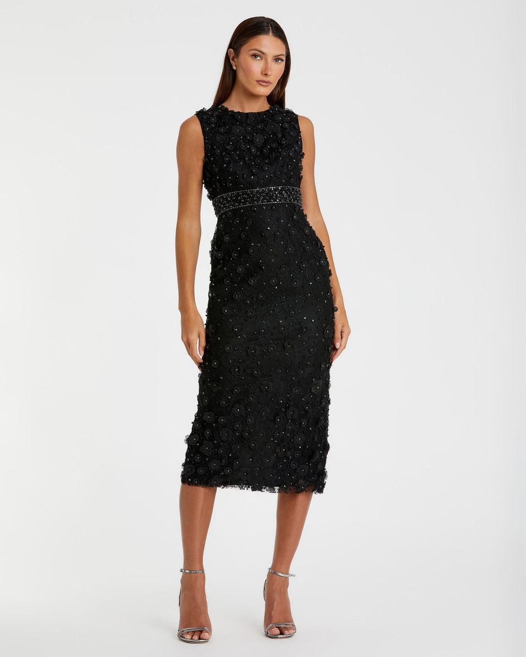 Petite Black Floral Applique Sleeveless Midi Dress