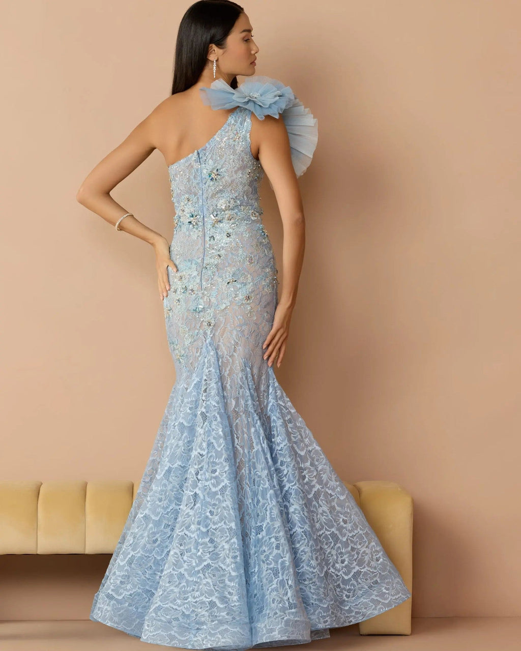 Powder Blue Sleeveless One Shoulder Embroidered Mermaid Gown