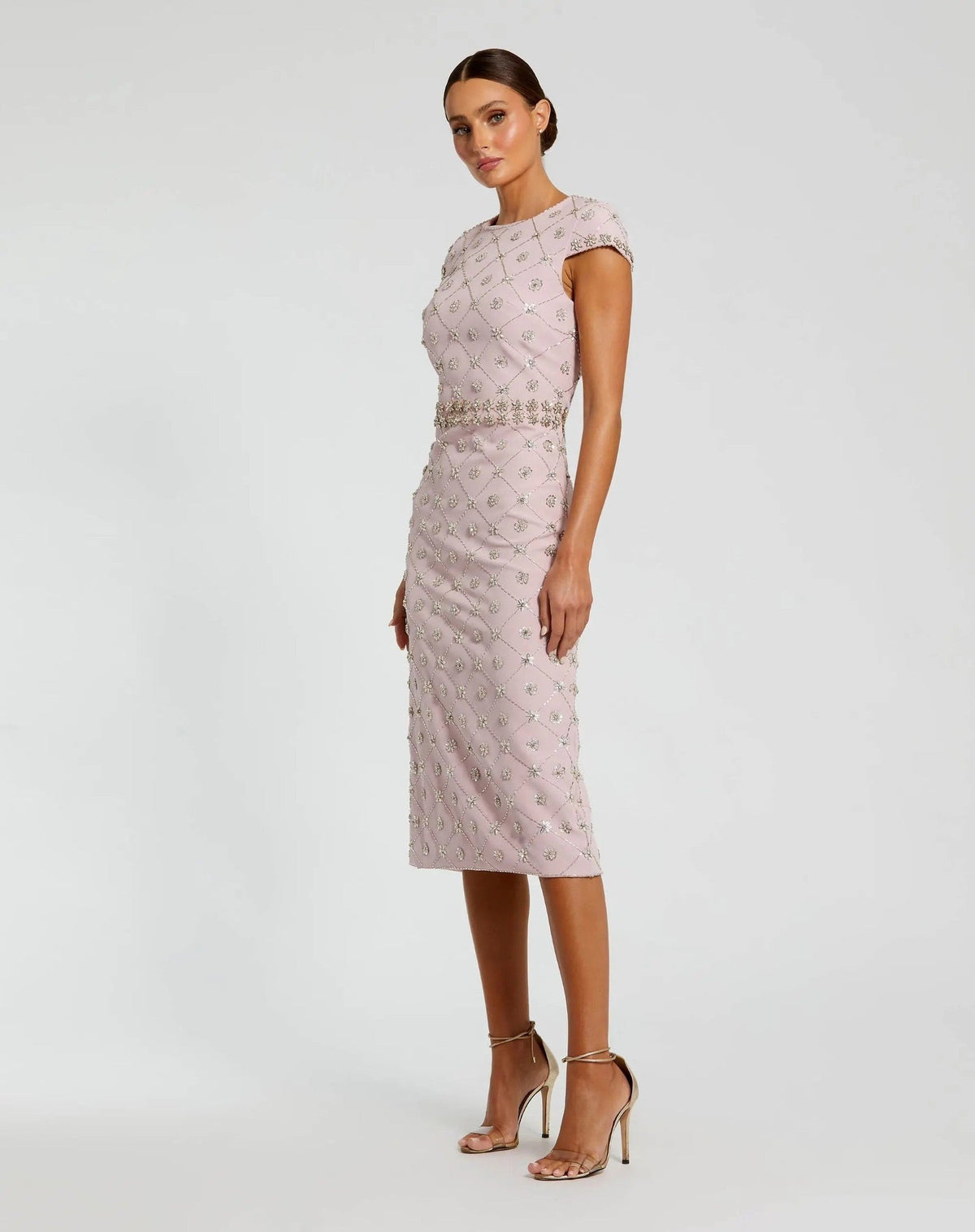 Pink Hand Embellished High Neck Midi Dress