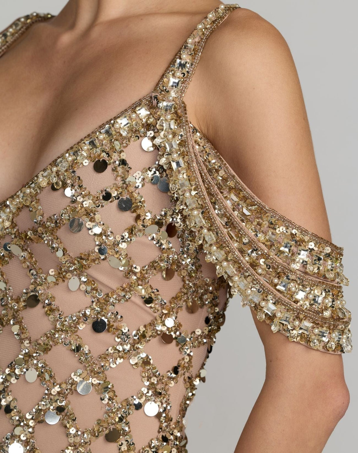 Gold Sequin Embellished V-Neck Gown