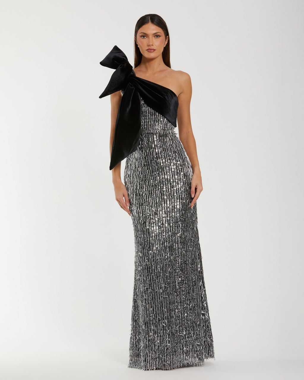Black and Silver One Shoulder Embellished Gown With Velvet Bow