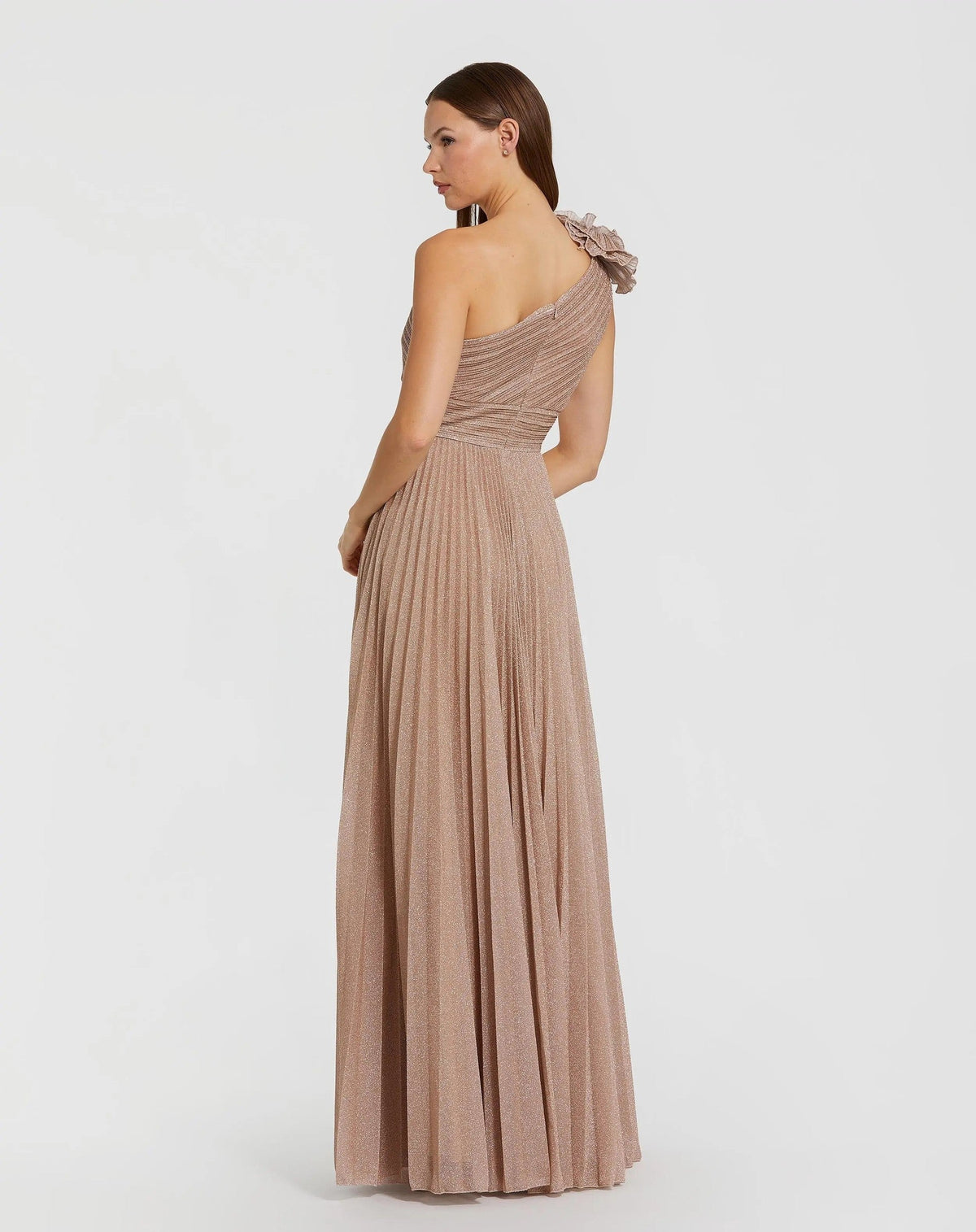 Champagne Pleated One Shoulder Ruffle Gown