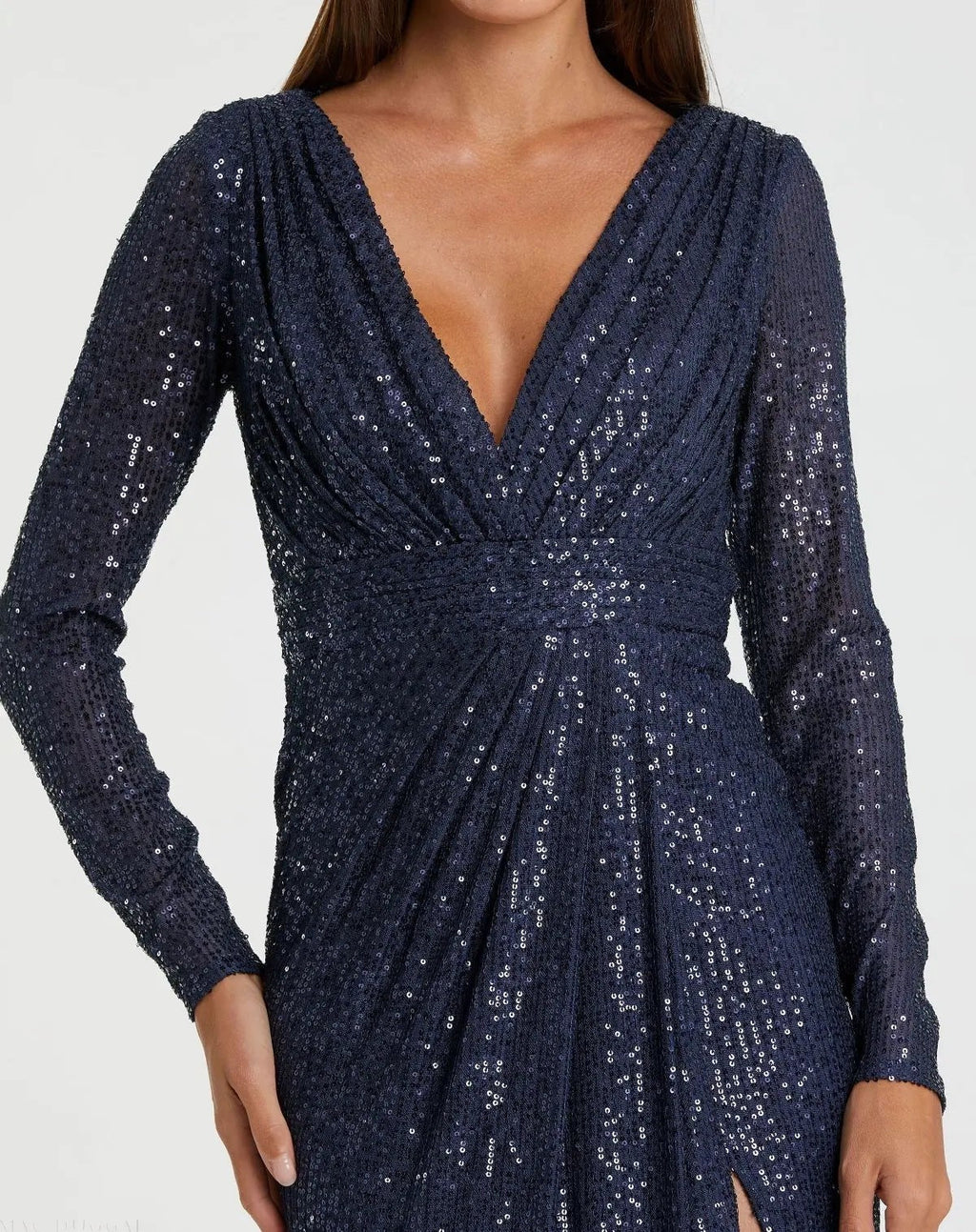 Navy Sequined Long Sleeve Gown