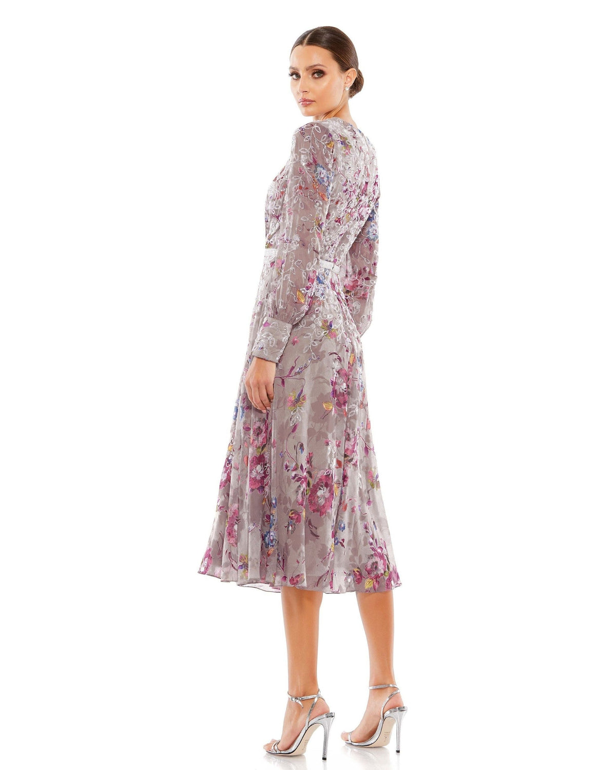 Mauve Multi Hand Embellished Floral Long Sleeve Midi Dress