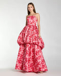 Pink Floral Brocade Strapless Bubble Hem Ball Gown